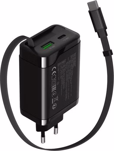 Canyon OnCharge 65RC, vysokorýchlostná univerzálna nabíjačka do steny s integrovaným 68 cm USB(C) káblom, 65W, čierna
