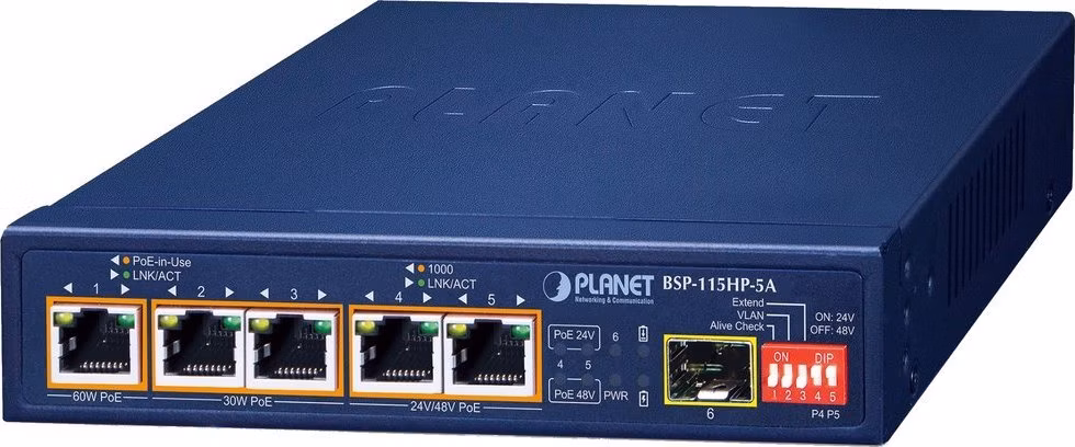 Planet BSP-115HP-5A Hybridní PoE solární switch, 5x 1Gb, 1x SFP, 1x PoE++ 802.3bt, 2x 802.3at, 2x at/pasivní, -20~65°C