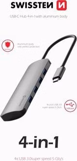 SWISSTEN USB-C HUB 4-IN-1 (4x USB 3.0) ALUMINIUM