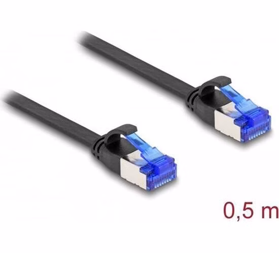 Delock RJ45 Plochý spojovací kabel ze zástrčky na zástrčku, Cat.6A, ohebný, 0,5 m, černý