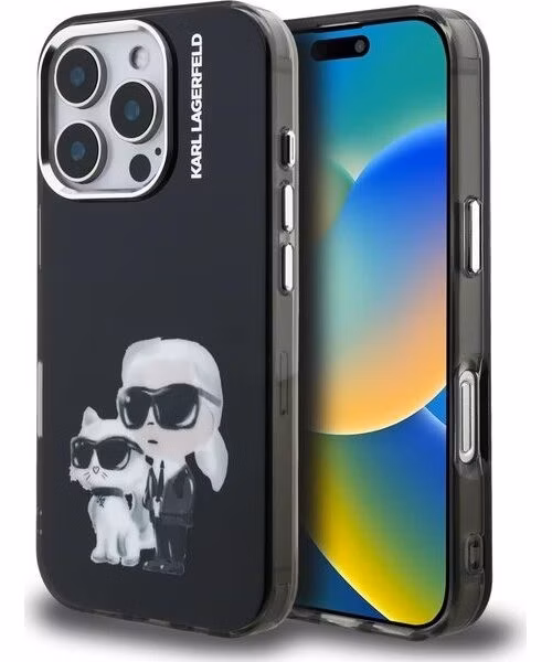 Karl Lagerfeld IML Aquarelle Karl and Choupette kryt iPhone 16 Pro Max čierny