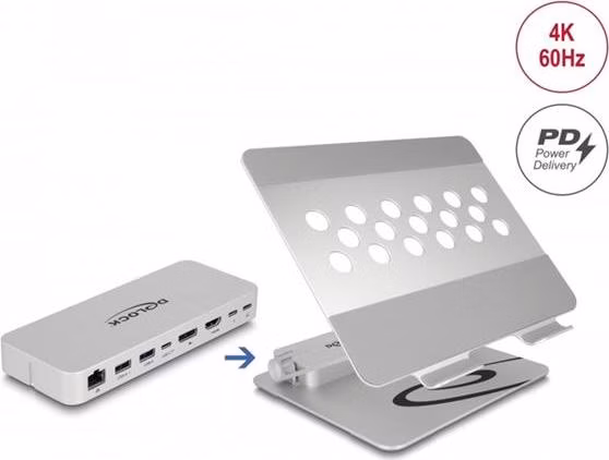 Delock Držák tabletů a laptopů s integrovanou dokovací stanicí 4K - HDMI / DisplayPort / LAN / Hub / HDR / PD