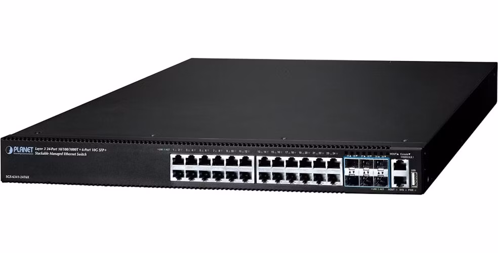 Planet SGS-6341-24T6X L3 switch, 24x1Gb, 6x10Gb SFP+, HW/IP stack, VSF/Cluster, NIS2+NDAA