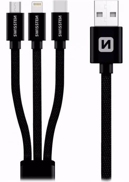 Swissten Datový kabel 3in1 MFi, 1,2 m, textilní, (micro USB, USB-C, Lightning) černý