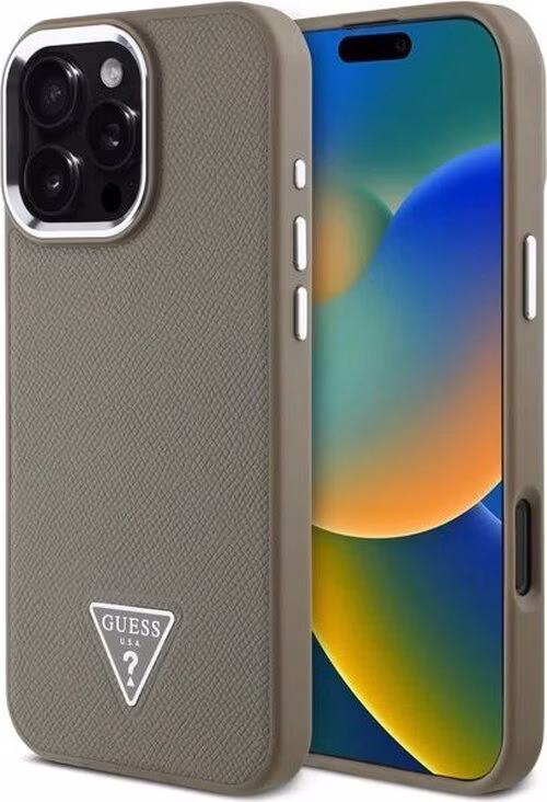 Guess PU Grained Triangle Logo MagSafe kryt iPhone 16 Pro Max hnedý