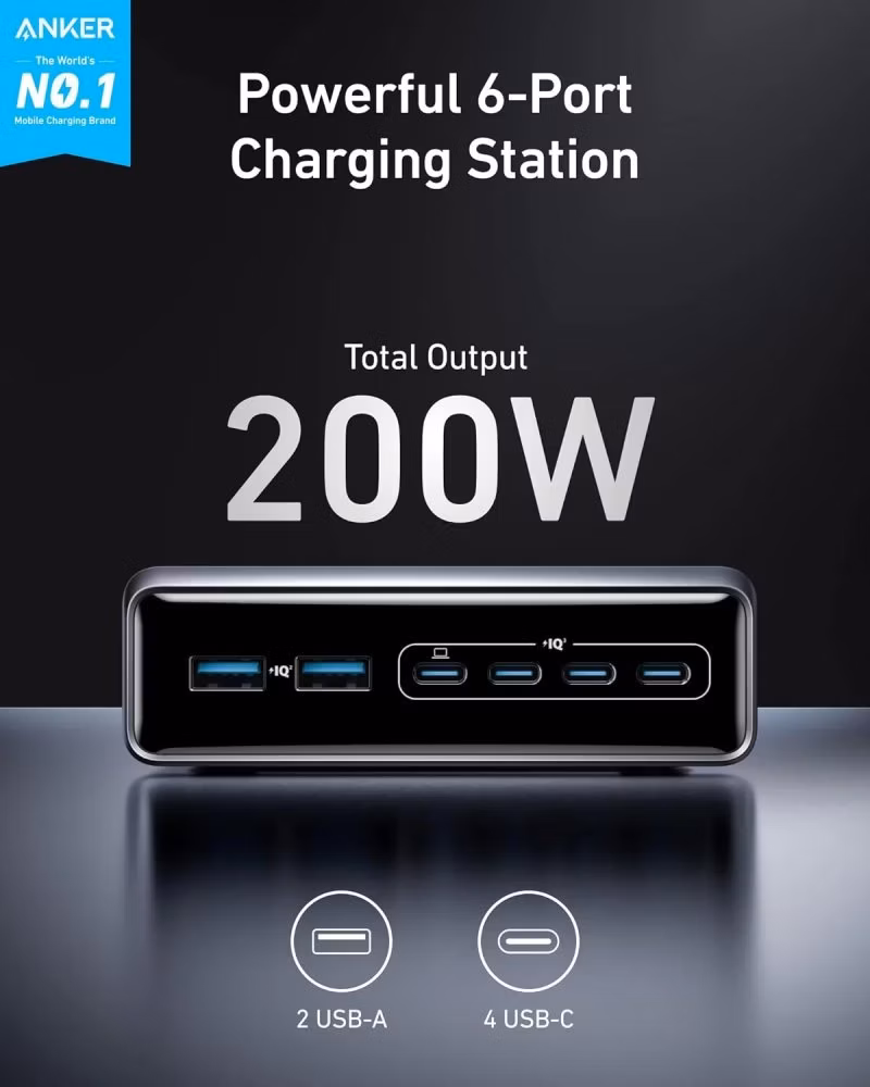 Anker Prime Nabíjecí Základna/ 200W/ 4x USB-C/ 2x USB/ GaN/ stříbrná