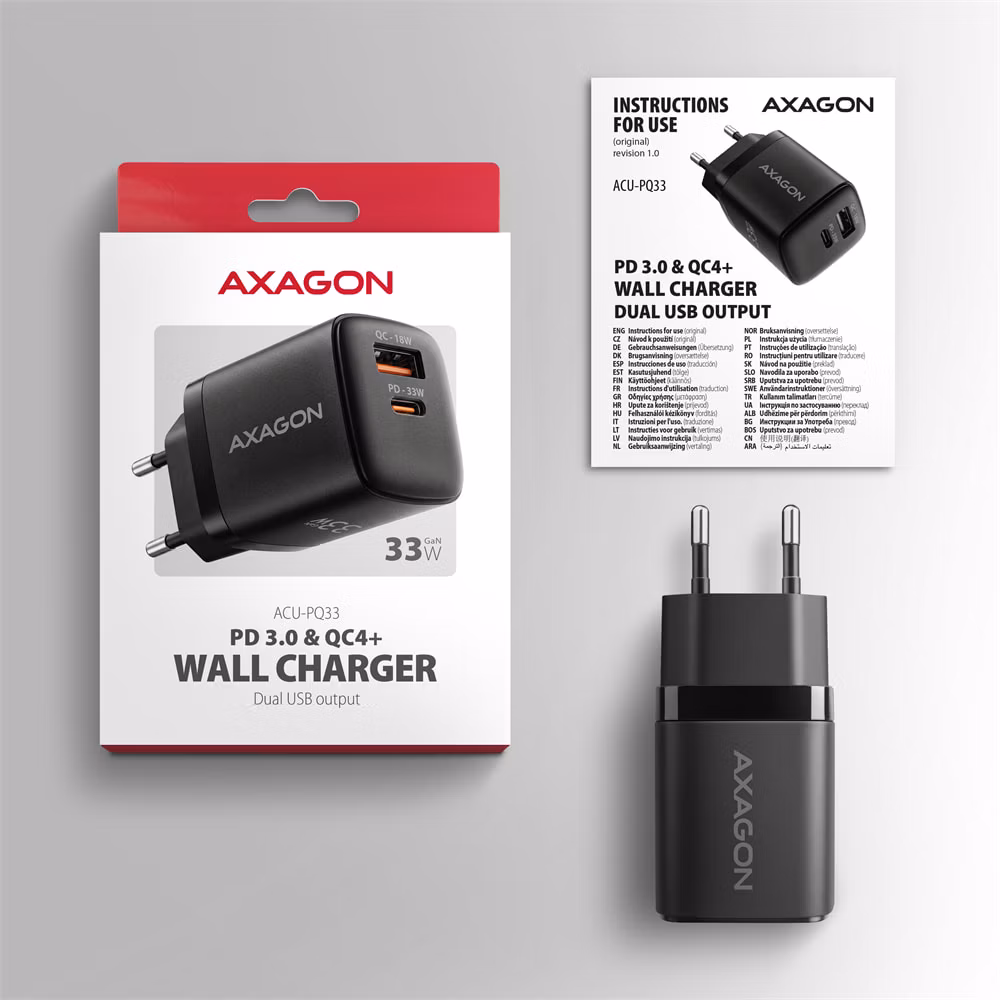 AXAGON ACU-PQ33, GaN nabíjačka do siete 33W, USB-A+USB-C, PD3.0/PPS/QC4+/SFC2.0/Apple, čierna