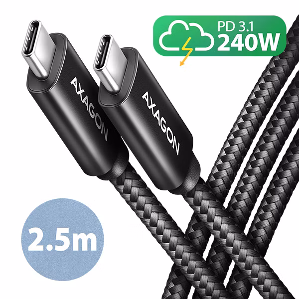 AXAGON datový a nabíjecí kabel CHARGE USB-C na USB-C / USB2.0 / 5A / PD 3.1 240W / opletený / 2,5m / černý