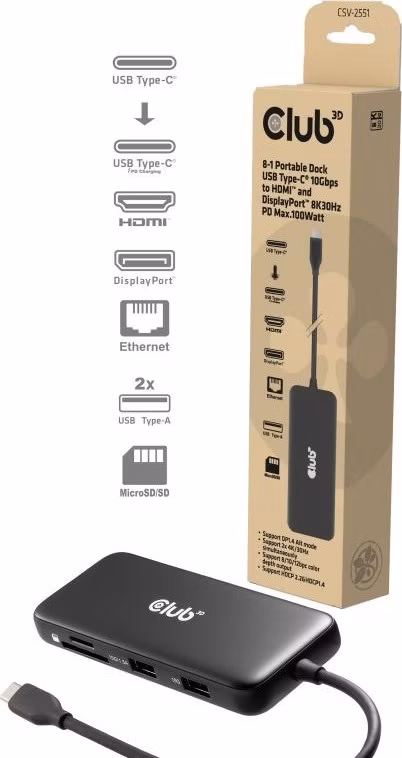 Club3D Dokovací stanice USB-C 8v1, 1xHDMI, 1xDP, 1xUSB-C, 2xUSB, 1xRJ45, černá