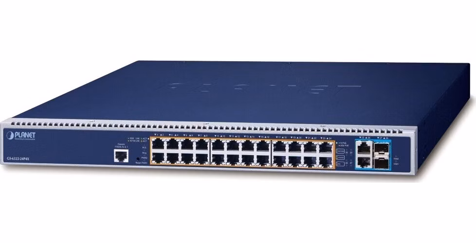 Planet GS-6322-24P4X L3 switch, 24x1Gb, 2x10Gb, 2x10Gb SFP+, 16x PoE 802.3bt 2280W, 2x power-in