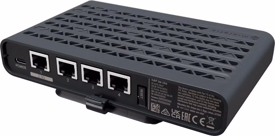 MIKROTIK RouterBOARD hAP ax lite + L4 (800MHz; 256MB RAM, 4xGLAN switch, 1x 2,4GHz 802.11ax plastic case, power supply)