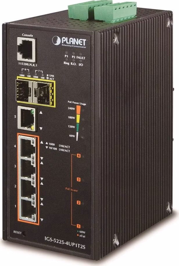 Planet IGS-5225-4UP1T2S průmyslový L3 switch, 5x1Gb, 2x2.5Gb SFP, 4x PoE 802.3bt 360W, dual 48-56VDC, -40~75°C, IP30