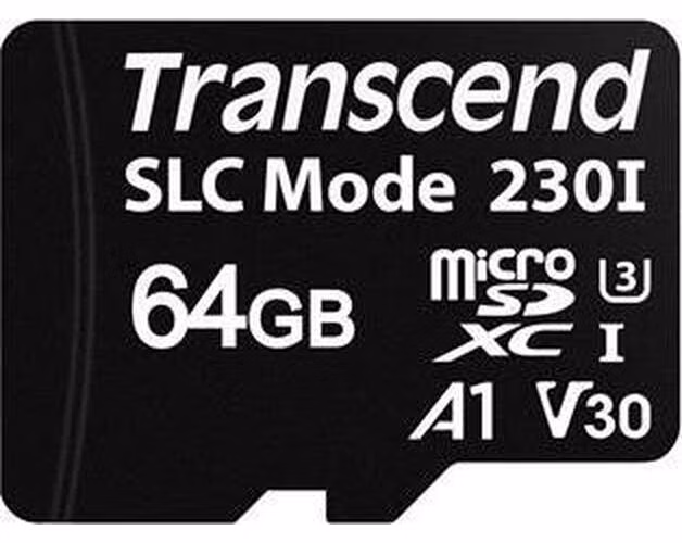 Transcend 64GB microSDXC230I UHS-I U3 V30 A1 (Class 10) 3D TLC (SLC mode) průmyslová paměťová karta, 100MB/s R, 70MB/s W