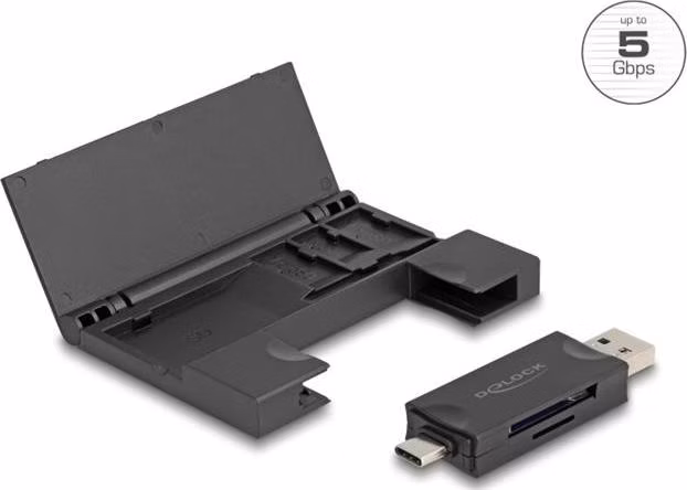 Delock Čtečka karet USB 5 Gbps, USB Type-C™ / Typ-A na paměťové karty SD a Micro SD s praktickým pouzdrem na paměťové ka