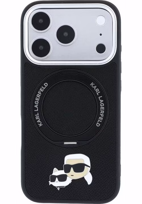 Karl Lagerfeld PU Grained K&amp;CH Heads Ring Stand Magsafe kryt iPhone 18 Pro čierny