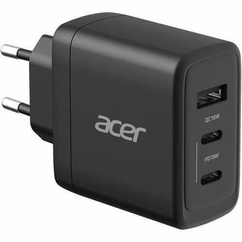 ACER 70W PD GaN III napájecí adaptér, 3 porty (C+C+A), kabel 2m - černá
