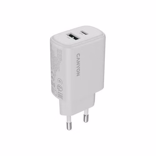 Canyon OnCharge 200, univerzálna nabíjačka do steny, 1x USB-C + 1x USB-A, PD 20W, biela