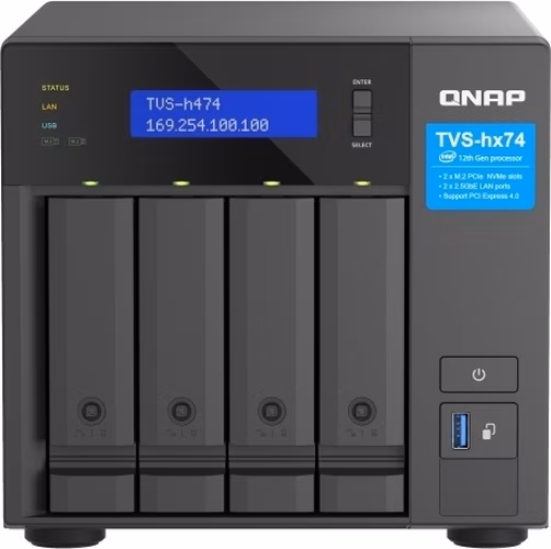 QNAP TVS-h474-PT-8G (2core 3,7GHz, ZFS, 8GB RAM, 4x SATA, 2x M.2 NVMe, 2x PCIe, 2x 2,5GbE, 1x HDMI)