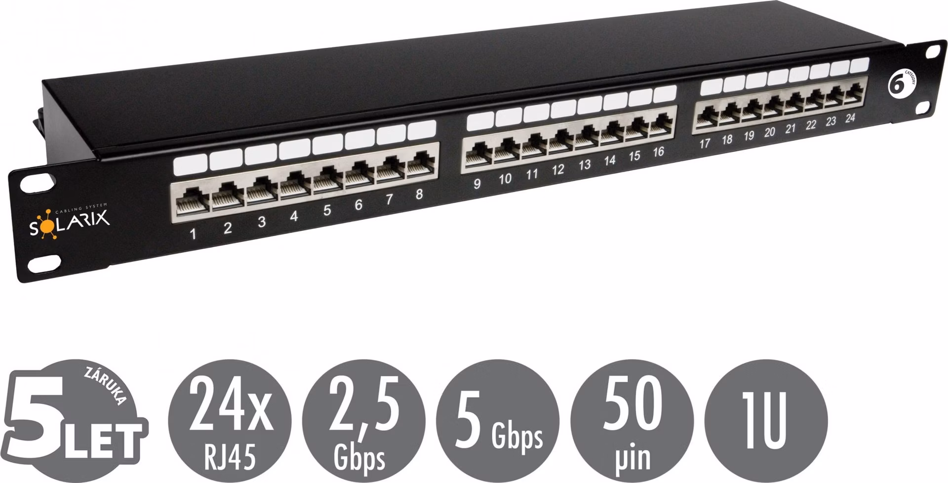 19" patch panel Solarix 24 x RJ45 CAT6 STP čierny 1U SX24-6-STP-BK