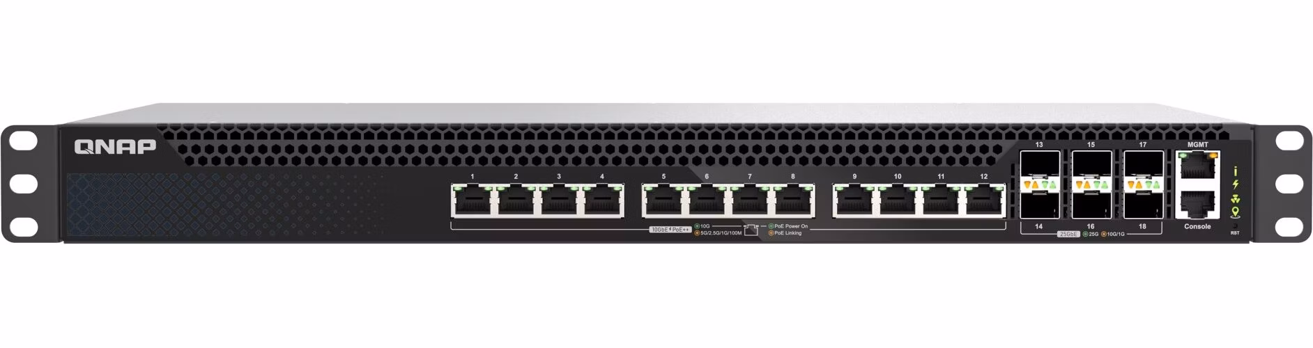 QNAP riadený switch QSW-M5218P-6F12T (6x 25GbE SFP28 port, 12x 10GbE PoE RJ45 port, L3)