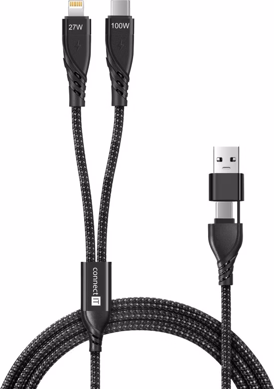 CONNECT IT Nabíjecí kabel Wirez 4v1, USB-C/USB, Lightning/USB-C, 1.25m, černá
