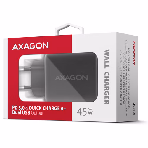 AXAGON nabíječka do sítě 45W / ACU-PQ45/ 1x USB-C / 1x USB-A / PD3.0/QC4+/PPS/SFC2.0/AFC/SCP/Apple / černá