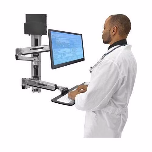 ERGOTRON LX Sit Stand Wall Mount System, Small Black CPU Holder, Polished, pracovní stanice na zeď