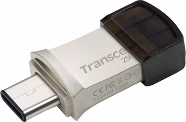 Transcend 256GB JetFlash 890, USB-C/USB 3.1 duální flash disk, malé rozměry, stříbrný kov, odolá prachu i vodě