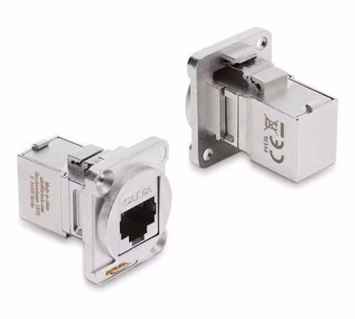 Delock Modul typu D RJ45 ze zásuvky na zásuvku, pravoúhlý, 90°, Cat.6A, stříbrný