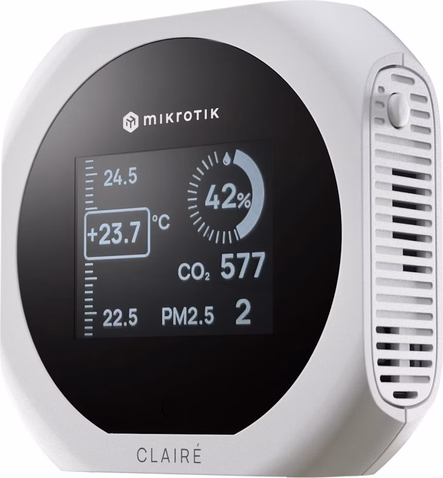 MikroTik CLAIRÉ, senzor CO2, PM2.5/10, teploty a vlhkosti, displej 2", podpora Matter i Thread, bílý