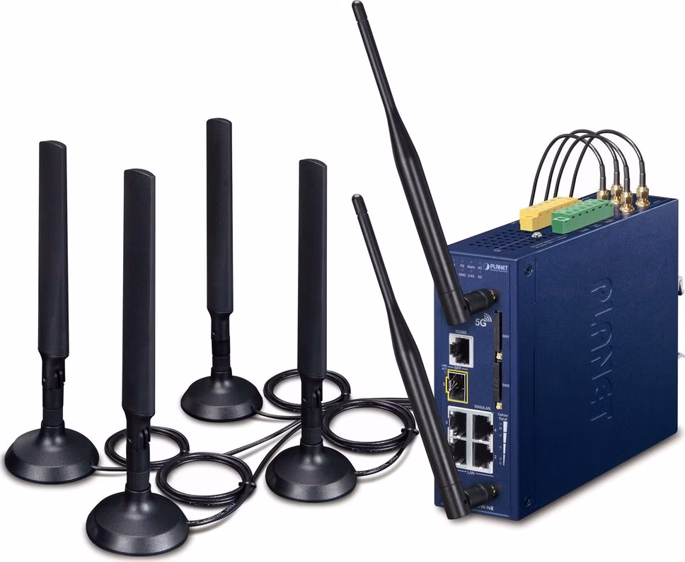 Planet dual 5G/LTE bezpečnostní brána, 2xWAN + 3xLAN/1xSFP, DI/DO, GPS, WiFi, DIN, IP30, -45/+75°C, dual 9-54VDC
