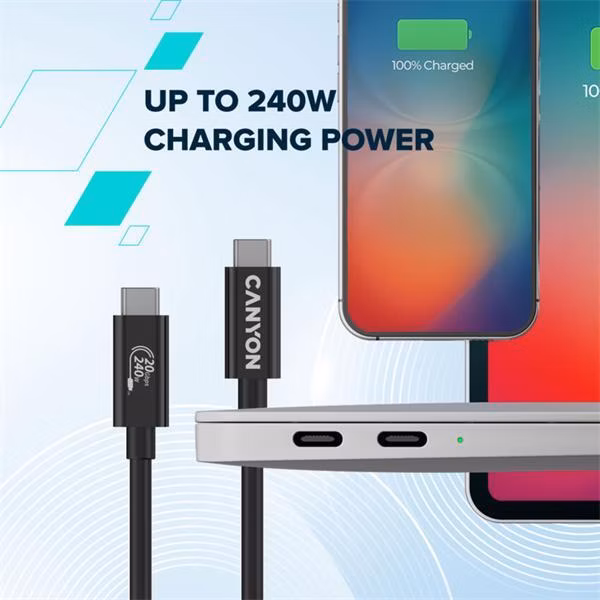 Canyon OnWire 240, 2 m, nabíjací a dátový kábel USB-C / USB-C, USB4, 240 W PD, 20 Gb/s, TPE, čierny