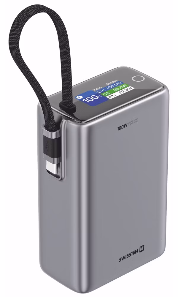 SWISSTEN POWER BANK CESTOVNÍ 25000 mAh (96.25Wh) 100W S INTEGROVANÝM KABELEM USB-C ŠEDÁ