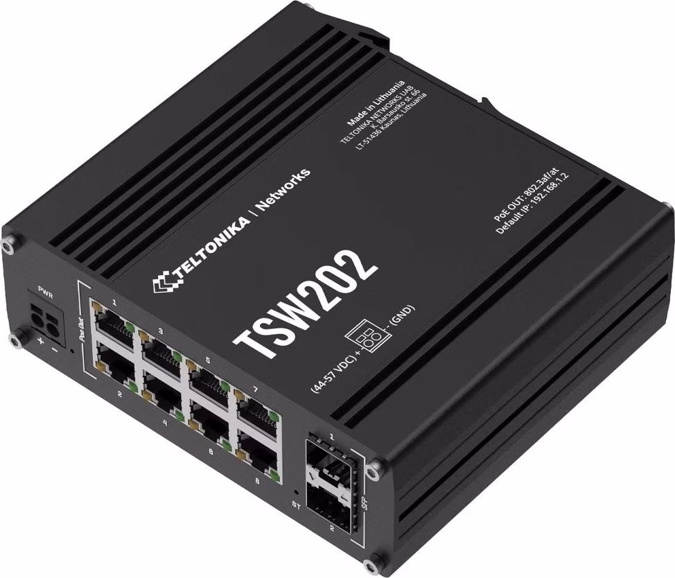 Teltonika TSW202 průmyslový L2 manažovaný switch, 8x PoE+ 10/100/1000, 2x SFP, bez zdroje