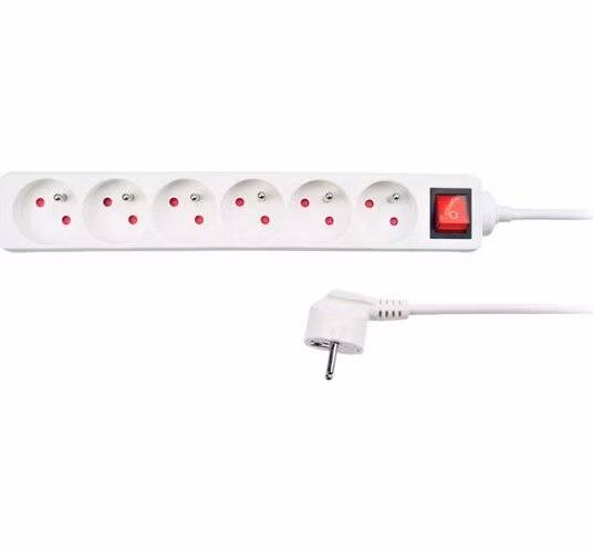 Solight predlžovací prívod, 6 zásuviek, biely, vypínač, 2m