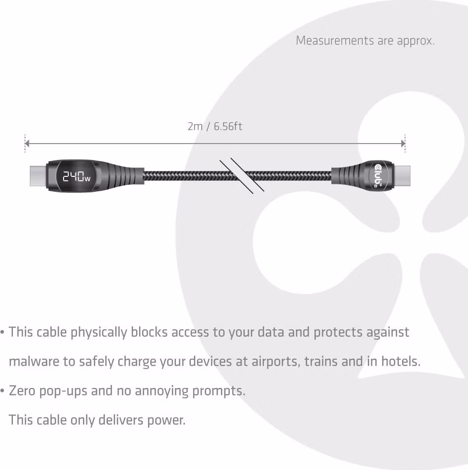 Club3D Kabel USB-C Safe s měřičem výkonu, 240 W, bez přenosu dat, 2m