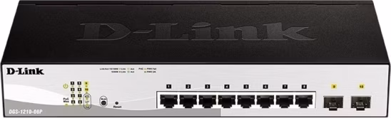 D-Link DGS-1210-08P 10-portový gigabitový inteligentný PoE switch, 8x GbE PoE+, 2x SFP, PoE 65W, bez ventilátora