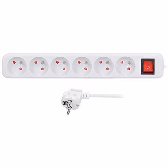 Solight prodlužovací přívod 5m, 6 zásuvek, vypínač, 16A/3680W, PVC, bílý