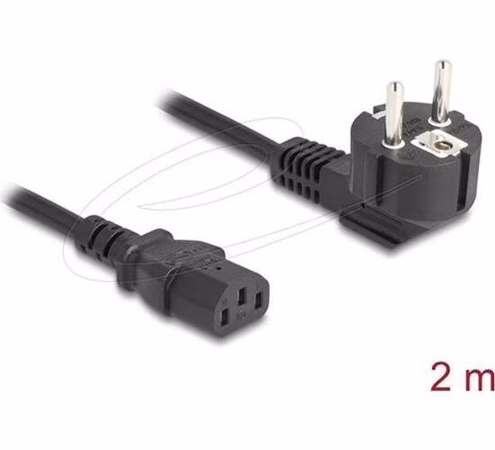 Delock Napájecí šňůra k PC z pravoúhlé zemnicí zástrčky CEE 7/7, 90°, na zásuvku C13, 2 m, 3 x 1,00 mm2, černá