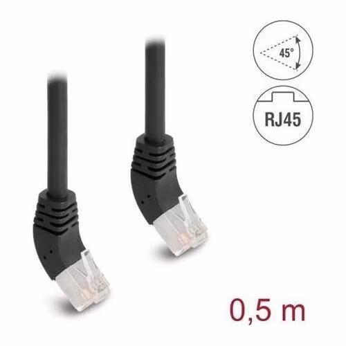 Delock Síťový kabel RJ45 Cat.6A S/FTP, zalomený nahoru o 45°, 0,5 m, černý