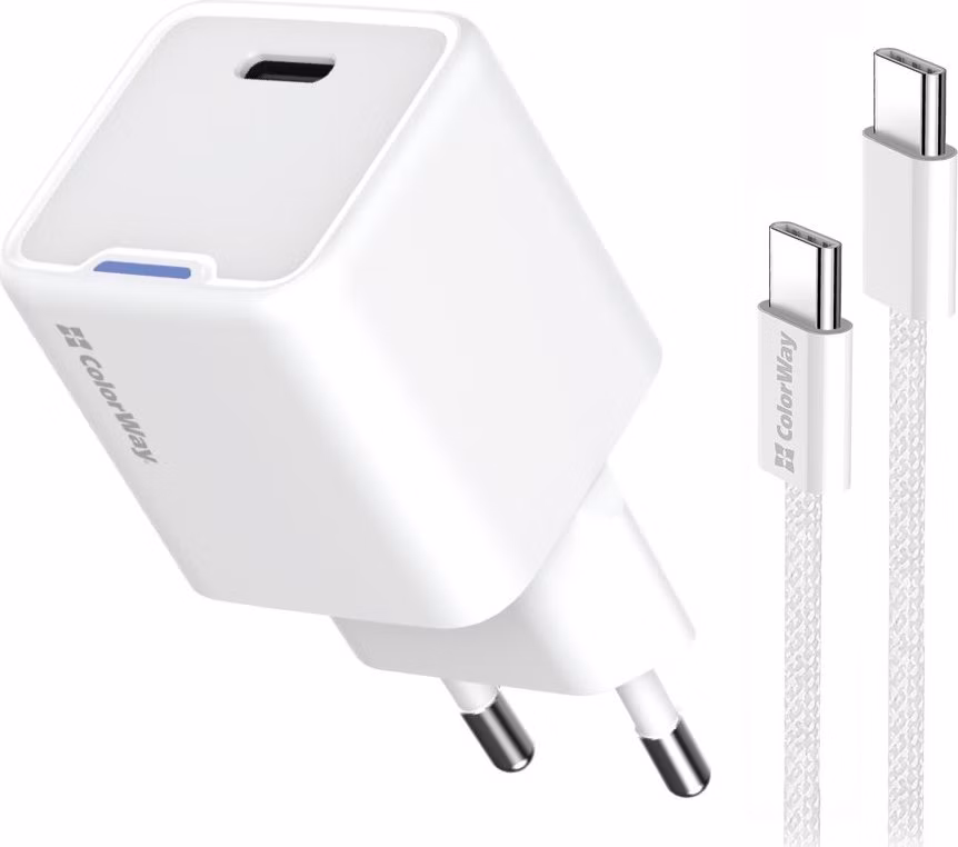 COLORWAY 1x USB-C/ síťová nabíječka/ GaN/ PD/ PPS/ 25W/ Včetně 100cm kabelu/ Bílá