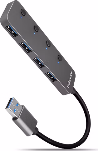 AXAGON HUE-MSA, 4x USB 3.rozbočovač 2 Gen 1 SWITCH, kovový, napájanie micro USB. konektor, kábel USB-A 20 cm