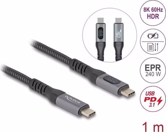 Delock Datový a rychlonabíjecí koaxiální kabel USB 40 Gbps, 1 m, 8K 60 Hz, USB PD 3.1, rozšířený rozsah výkonu, 240 W