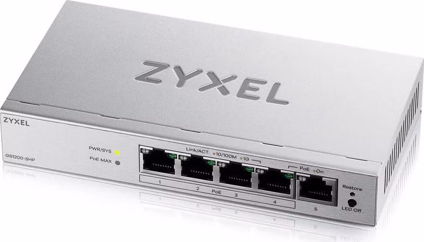 Zyxel GS1200-5HPv2 5-portový stolový gigabitový webový inteligentný PoE switch, 4x PoE+ GbE, PoE 60W, bez ventilátora