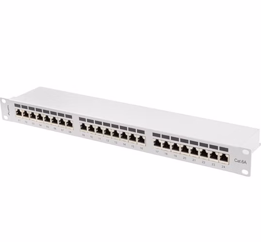 LANBERG PATCH PANEL 24 PORTŮ 1U 19" CAT.6A FTP STÍNĚNÝ ŠEDÝ
