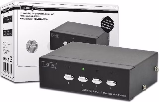 Digitus VGA přepínač, 4 vstupy, 1 výstup 250MHz, vč. napájení DC9V, 300 mA, Max. 1080p