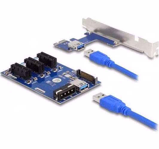 Delock Karta PCI Express Riser x1 na 3 x PCIe x1, s 50 cm USB kabelem