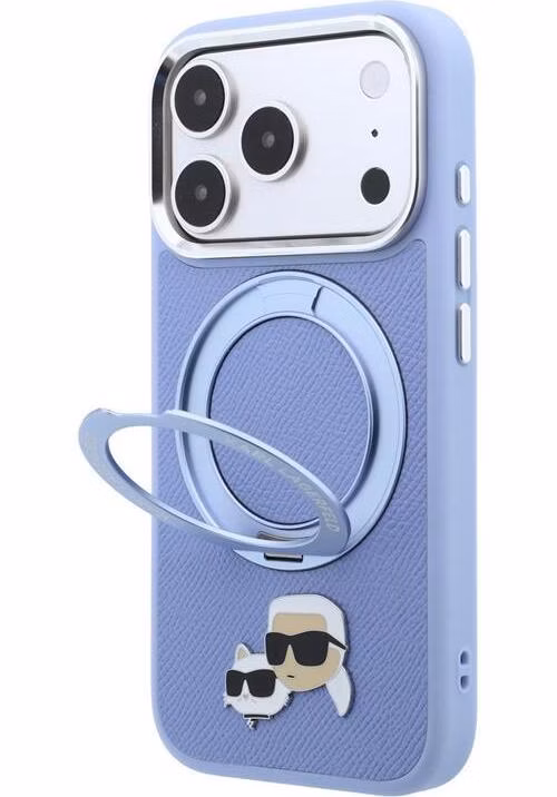 Karl Lagerfeld PU Grained K&amp;CH Heads Ring Stand Magsafe kryt iPhone 18 Pro Max modrý