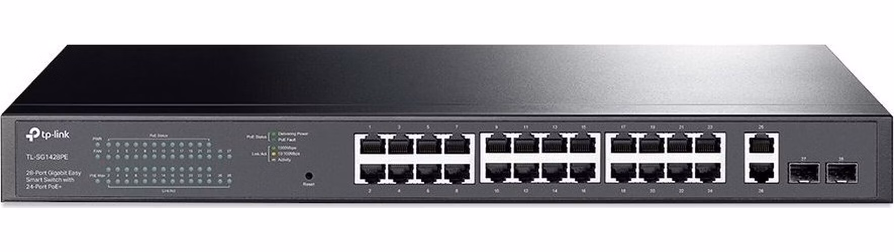 28-Port Gigabit Easy Smart Switch with 24-Port PoE+ PORT: 24× Gigabit PoE+ Ports, 2× Gigabit Non-PoE Ports, 2× Gigabit