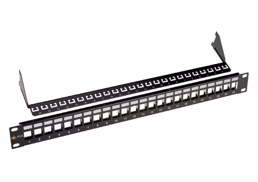 Solarix 19" Neosazený univerzální panel 24 portů 1U pro CAT5E a CAT6 keystony, SX24M-0-STP-BK-UNI